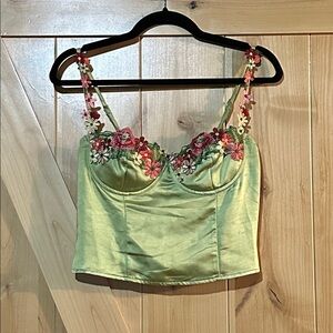 Green Satin Crop Top with Floral Embroidery